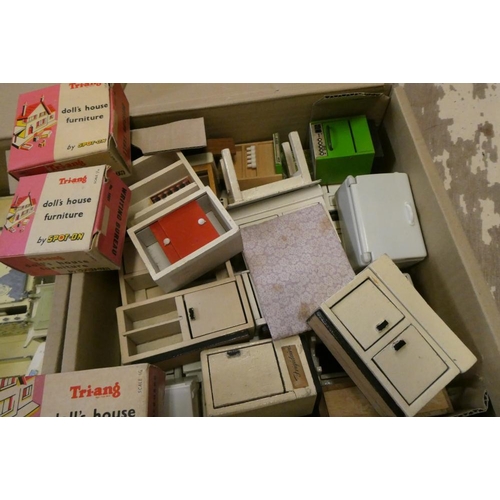 85 - Three boxes of mainly vintage dolls house furniture and accessories, including tin kitchen equipment... 