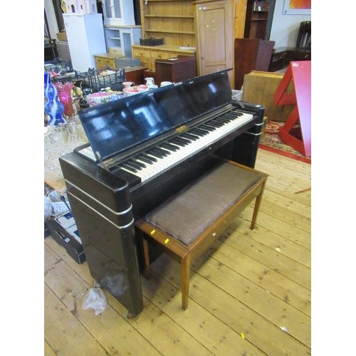 1063 - EAVESTAFF MINI PIANO IN BLACK AND CHROME WITH DUET STOOL