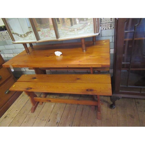 1066 - PINE KITCHEN TABLE AND TWO MATCHING BENCHES