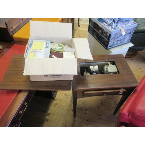 1115 - PFAFF SEWING MACHINE TABLE AND A BOX OF ACCESSORIES ETC