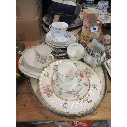 65 - TRAY OF CERAMICS INCLUDING SHELLEY CLARICE CLIFF AND SUSIE COOPER