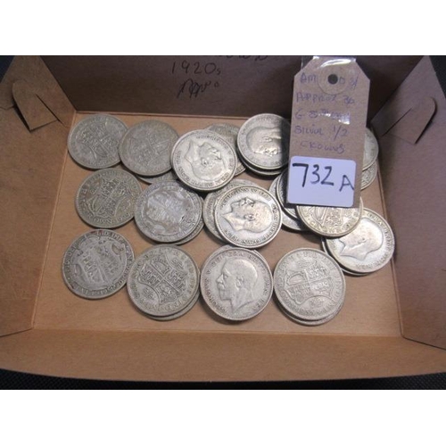 732A - APPROXIMATELY THIRTY GEORGE V ERA SILVER HALF CROWNS AND FLORIN COINS