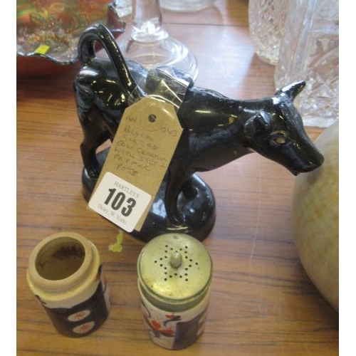 103 - BLACK GLAZED COW CREAMER WITH SALT AND PEPPER POTS