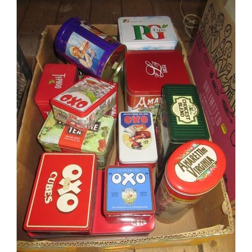 168 - BOX OF TINS AND A TOILET SEAT