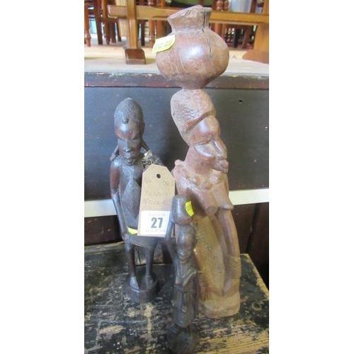 27 - THREE CARVED AFRICAN FIGURES