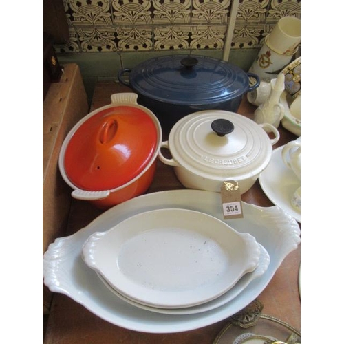 354 - THREE LE CREUSET CASSEROLE DISHES ETC