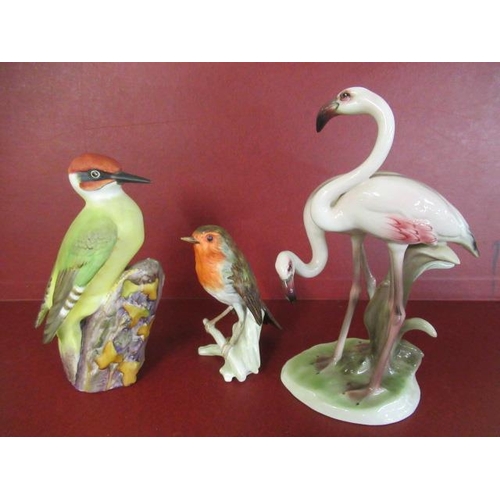 385 - ROYAL WORCESTER WOODPECKER ROBIN AND FLAMINGO ORNAMENTS