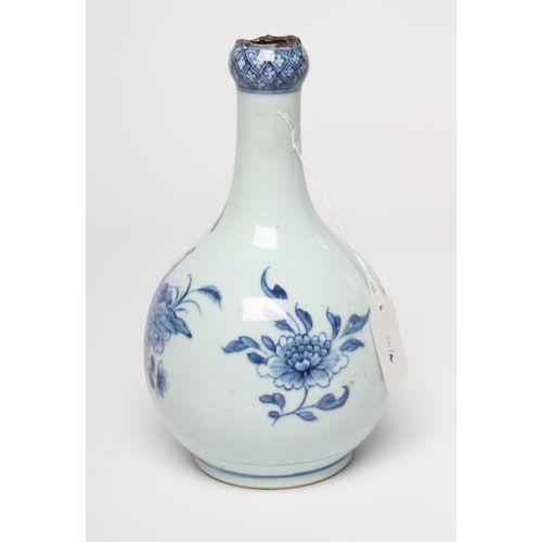 1 - A CHINESE PORCELAIN GUGLET of typical bottle form, painted in underglaze blue with a pagoda in lands... 