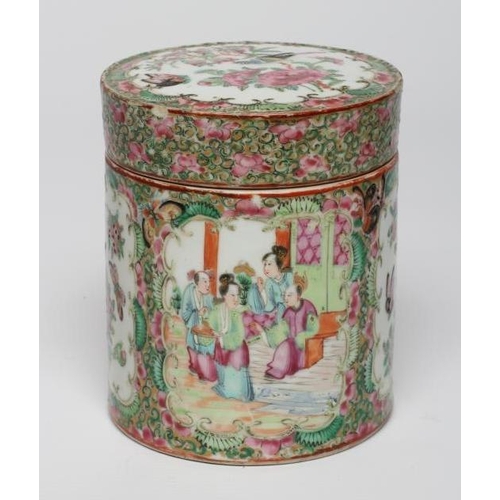 11 - A CANTONESE PORCELAIN FAMILLE ROSE JAR AND COVER of plain cylindrical form, painted with two panels ... 