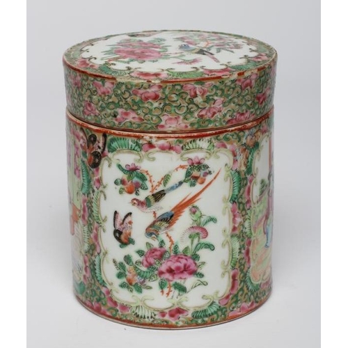 11 - A CANTONESE PORCELAIN FAMILLE ROSE JAR AND COVER of plain cylindrical form, painted with two panels ... 