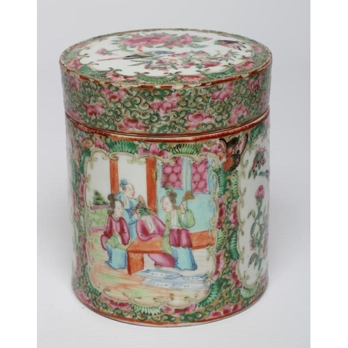 11 - A CANTONESE PORCELAIN FAMILLE ROSE JAR AND COVER of plain cylindrical form, painted with two panels ... 