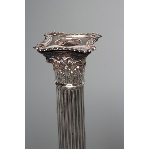 126 - A PAIR OF LATE VICTORIAN SILVER CORINTHIAN COLUMN CANDLESTICKS, by William Comyns, London 1895, with... 