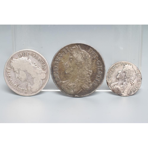 153 - THREE JAMES II SILVER COINS, comprising a 1688 crown with crown cruciform back, a 1686 half crown an... 