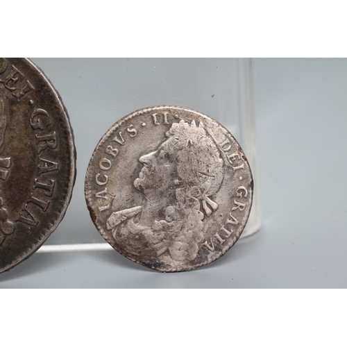 153 - THREE JAMES II SILVER COINS, comprising a 1688 crown with crown cruciform back, a 1686 half crown an... 