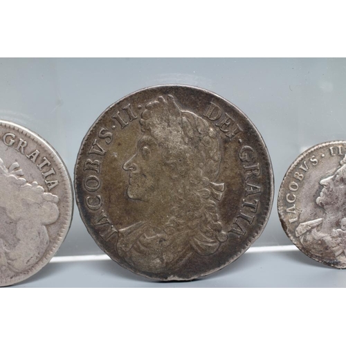 153 - THREE JAMES II SILVER COINS, comprising a 1688 crown with crown cruciform back, a 1686 half crown an... 