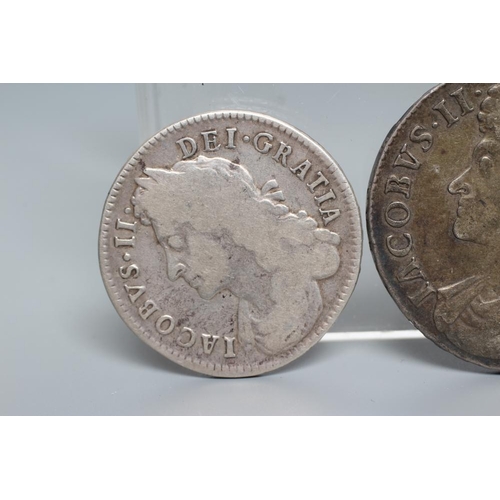 153 - THREE JAMES II SILVER COINS, comprising a 1688 crown with crown cruciform back, a 1686 half crown an... 