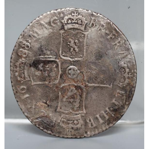 153 - THREE JAMES II SILVER COINS, comprising a 1688 crown with crown cruciform back, a 1686 half crown an... 