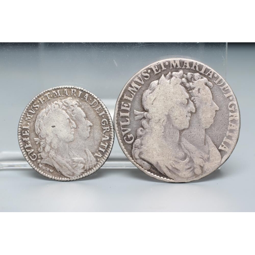 154 - TWO WILLIAM & MARY SILVER COINS, comprising a 1689 half crown with shield back and a 1693 shilling w... 