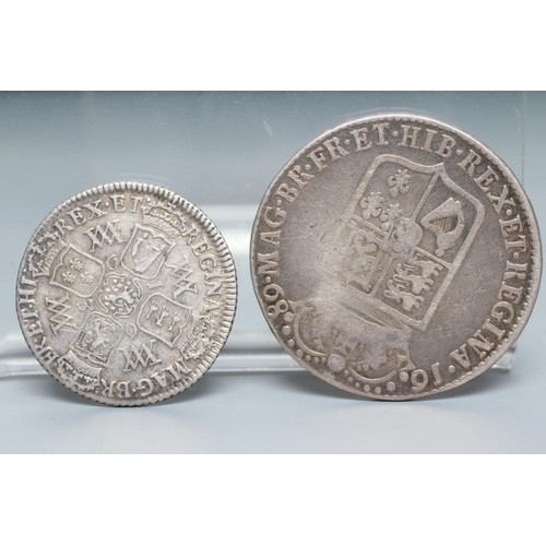 154 - TWO WILLIAM & MARY SILVER COINS, comprising a 1689 half crown with shield back and a 1693 shilling w... 