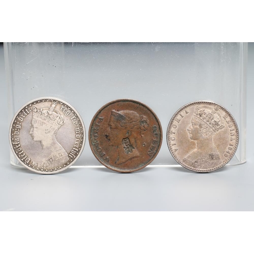 155 - THREE VICTORIAN COINS, comprising an 1856 gothic one florin, an 1849 one florin with gothic bust and... 