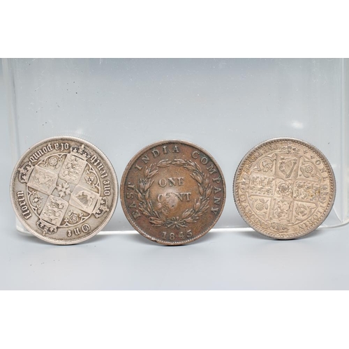 155 - THREE VICTORIAN COINS, comprising an 1856 gothic one florin, an 1849 one florin with gothic bust and... 