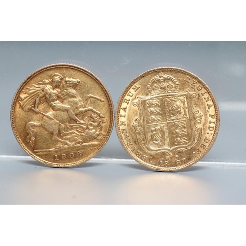 158 - TWO HALF SOVEREIGNS, comprising Victoria OH 1887 shield back and Edward VII 1908, 4g each (Est. plus... 