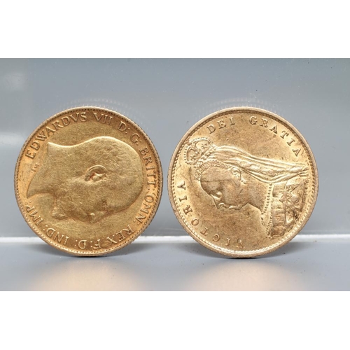 158 - TWO HALF SOVEREIGNS, comprising Victoria OH 1887 shield back and Edward VII 1908, 4g each (Est. plus... 