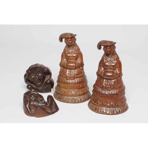 16 - TWO BROWN SALTGLAZE STONEWARE FIGURES, c.1850, both modelled as a young lady wearing a feathered hat... 