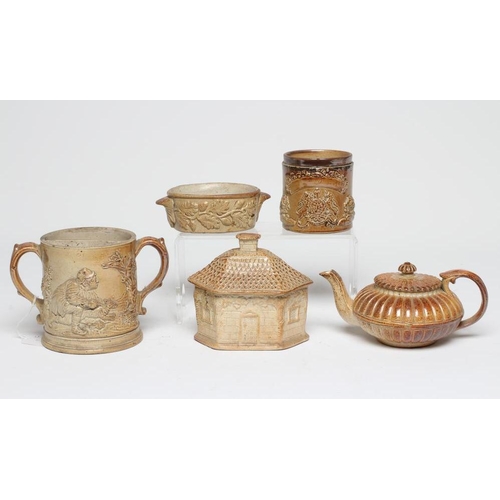 17 - A COLLECTION OF DERBYSHIRE SALTGLAZE STONEWARE, 19th century, comprising a tobacco jar with the Roya... 