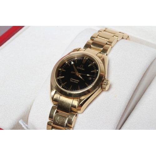 171 - A MID SIZE 18CT GOLD OMEGA SEAMASTER AQUA TERRA WRISTWATCH, the black dial with applied triangular b... 