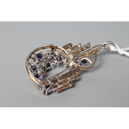 179 - A MODERNIST SAPPHIRE AND DIAMOND PENDANT, modelled as an abstract S with vertical bars between, claw... 