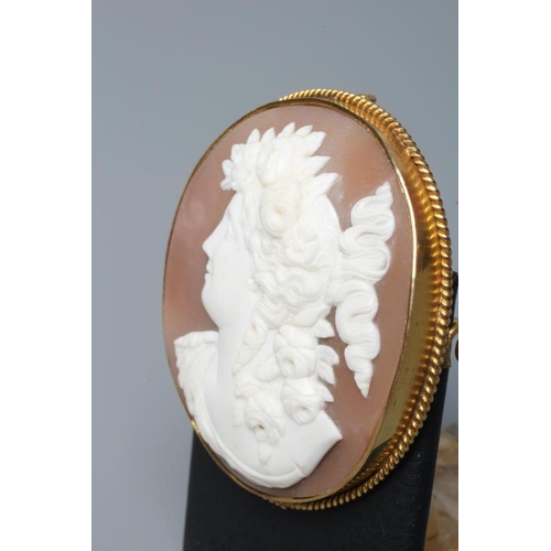 189 - A SHELL CAMEO BROOCH carved with the head and shoulders of a young lady with flowers in her curled h... 