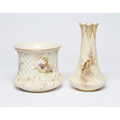 26 - A ROYAL WORCESTER CHINA CACHE-POT, 1893, of waisted cylindrical form, moulded in low relief with dia... 