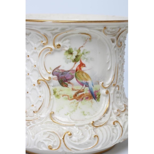 26 - A ROYAL WORCESTER CHINA CACHE-POT, 1893, of waisted cylindrical form, moulded in low relief with dia... 