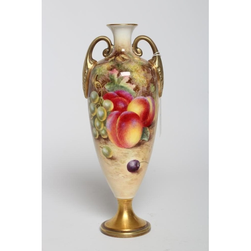 32 - A ROYAL WORCESTER CHINA VASE, 1950, of rounded conical form with two loop handles, painted in colour... 