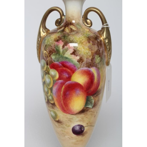 32 - A ROYAL WORCESTER CHINA VASE, 1950, of rounded conical form with two loop handles, painted in colour... 