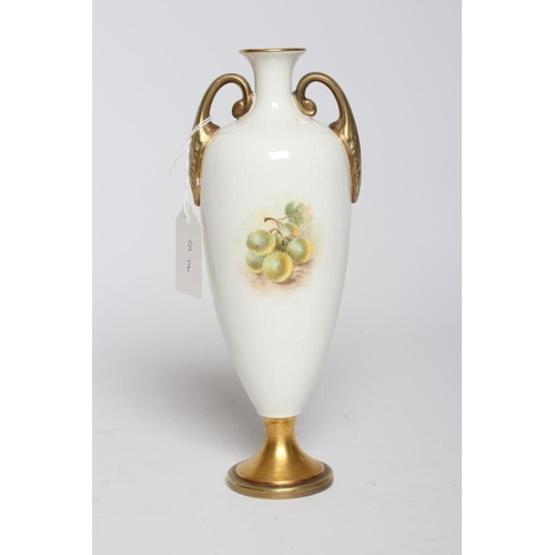 32 - A ROYAL WORCESTER CHINA VASE, 1950, of rounded conical form with two loop handles, painted in colour... 