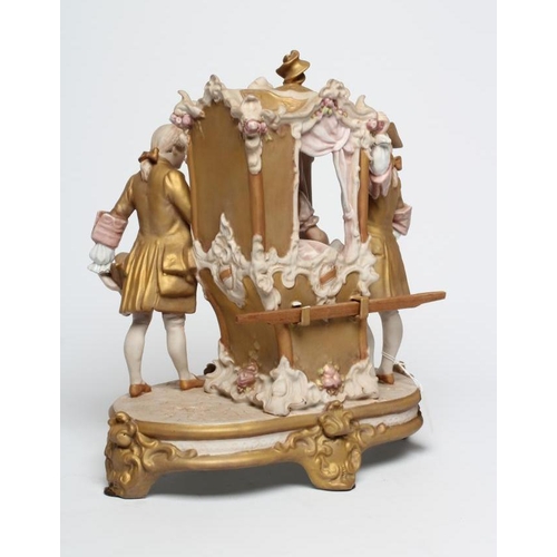 43 - A ROYAL DUX PORCELAIN FIGURAL GROUP, mid 20th century, modelled as a lady in a sedan chair accompani... 