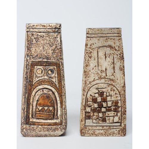 50 - A MATCHED PAIR OF TROIKA POTTERY COFFIN VASES, c.1974/5, one by Marion Murrell incised with a stylis... 