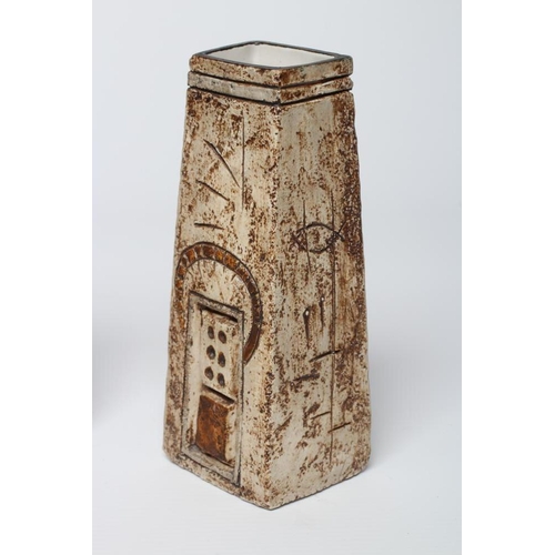 50 - A MATCHED PAIR OF TROIKA POTTERY COFFIN VASES, c.1974/5, one by Marion Murrell incised with a stylis... 