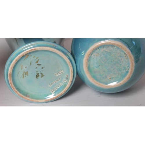 53 - TWO RUSKIN POTTERY TURQUOISE GLAZED VASES, 1922, of inverted baluster form, 6 1/2