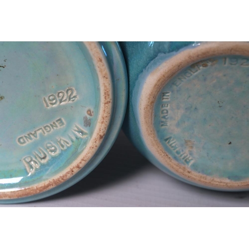 53 - TWO RUSKIN POTTERY TURQUOISE GLAZED VASES, 1922, of inverted baluster form, 6 1/2