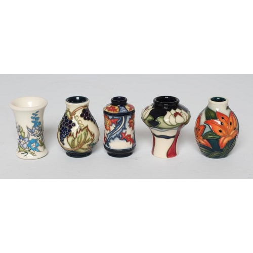 60 - A COLLECTION OF FIVE MINIATURE MOORCROFT POTTERY VASES, including Tiger Daylily, Grapes, 2007, Dephi... 