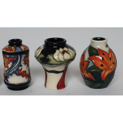 60 - A COLLECTION OF FIVE MINIATURE MOORCROFT POTTERY VASES, including Tiger Daylily, Grapes, 2007, Dephi... 