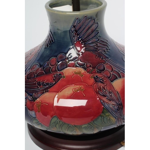 77 - A MOORCROFT POTTERY FINCHES PATTERN ELECTRIC TABLE LAMP BASE, modern, of squat globular form designe... 