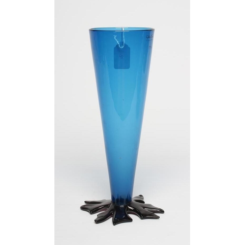 85 - A GILLIES JONES (ROSEDALE) BLUE GLASS VASE, modern, of conical form on a flattened leaf foot, etched... 