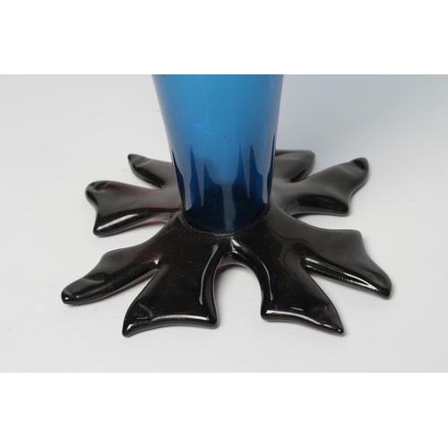 85 - A GILLIES JONES (ROSEDALE) BLUE GLASS VASE, modern, of conical form on a flattened leaf foot, etched... 