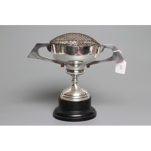 95 - AN ART DECO SILVER TWO HANDLED TROPHY CUP, by Joseph Gloster Ltd., Birmingham 1924, the circular oge... 