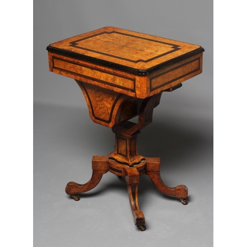 618 - A VICTORIAN BURR WALNUT WORK TABLE of canted oblong form with ebonised banding and stringing, the qu... 