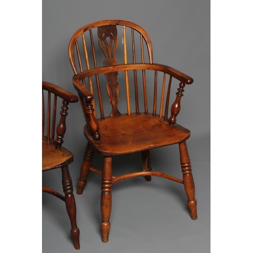 624 - A MATCHED PAIR OF YEW AND ELM WINDSOR ARMCHAIRS, Lincolnshire, mid/late 19th century, of low hoop ba... 